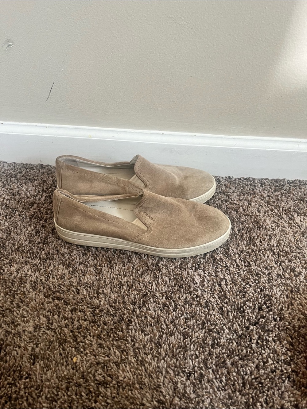 Prada Linea Rossa Beige Suede Slip-On Sneakers